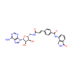 Nc1ncnc2c1ncn2[C@@H]1O[C@H](CNC(=O)/C=C/c2ccc(C(=O)Nc3cccc4c3CNC4=O)cc2)[C@@H](O)[C@H]1O ZINC000049771936