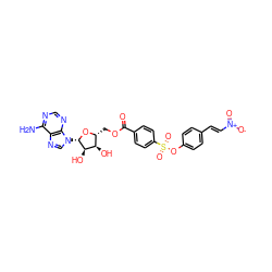 Nc1ncnc2c1ncn2[C@@H]1O[C@H](COC(=O)c2ccc(S(=O)(=O)Oc3ccc(/C=C/[N+](=O)[O-])cc3)cc2)[C@@H](O)[C@H]1O ZINC000042834333