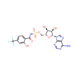 Nc1ncnc2c1ncn2[C@@H]1O[C@H](COS(=O)(=O)NC(=O)c2ccc(C(F)(F)F)cc2O)[C@@H](O)[C@H]1O ZINC000028865801