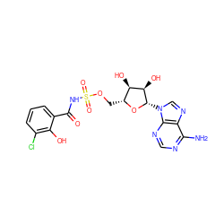 Nc1ncnc2c1ncn2[C@@H]1O[C@H](COS(=O)(=O)NC(=O)c2cccc(Cl)c2O)[C@@H](O)[C@H]1O ZINC000028865772