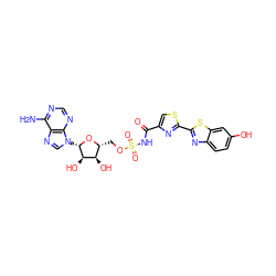 Nc1ncnc2c1ncn2[C@@H]1O[C@H](COS(=O)(=O)NC(=O)c2csc(-c3nc4ccc(O)cc4s3)n2)[C@@H](O)[C@H]1O ZINC000016051915