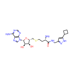 Nc1ncnc2c1ncn2[C@@H]1O[C@H](CSCC[C@H](N)C(=O)NCc2cc(C3CCC3)[nH]n2)[C@@H](O)[C@H]1O ZINC000299859802