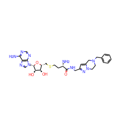 Nc1ncnc2c1ncn2[C@@H]1O[C@H](CSCC[C@H](N)C(=O)NCc2cc3n(n2)CCN(Cc2ccccc2)C3)[C@@H](O)[C@H]1O ZINC000299858838