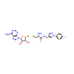 Nc1ncnc2c1ncn2[C@@H]1O[C@H](CSCC[C@H](N)C(=O)NCc2cnn(-c3ccc(F)cc3)c2)[C@@H](O)[C@H]1O ZINC000299856228