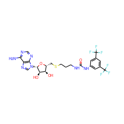 Nc1ncnc2c1ncn2[C@@H]1O[C@H](CSCCCNC(=O)Nc2cc(C(F)(F)F)cc(C(F)(F)F)c2)[C@@H](O)[C@H]1O ZINC000095555495