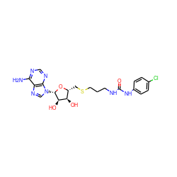 Nc1ncnc2c1ncn2[C@@H]1O[C@H](CSCCCNC(=O)Nc2ccc(Cl)cc2)[C@@H](O)[C@H]1O ZINC000095555162