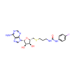 Nc1ncnc2c1ncn2[C@@H]1O[C@H](CSCCCNC(=O)Nc2ccc(I)cc2)[C@@H](O)[C@H]1O ZINC000095556177