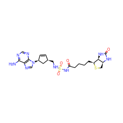 Nc1ncnc2c1ncn2[C@H]1C=C[C@@H](CNS(=O)(=O)NC(=O)CCCC[C@@H]2SC[C@@H]3NC(=O)N[C@H]23)C1 ZINC000473137277