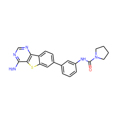 Nc1ncnc2c1sc1cc(-c3cccc(NC(=O)N4CCCC4)c3)ccc12 ZINC000203676691