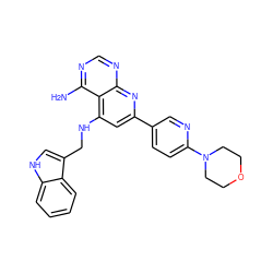 Nc1ncnc2nc(-c3ccc(N4CCOCC4)nc3)cc(NCc3c[nH]c4ccccc34)c12 ZINC000013554707