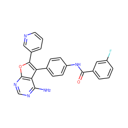 Nc1ncnc2oc(-c3cccnc3)c(-c3ccc(NC(=O)c4cccc(F)c4)cc3)c12 ZINC000029129083