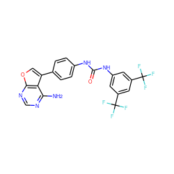 Nc1ncnc2occ(-c3ccc(NC(=O)Nc4cc(C(F)(F)F)cc(C(F)(F)F)c4)cc3)c12 ZINC000014957324