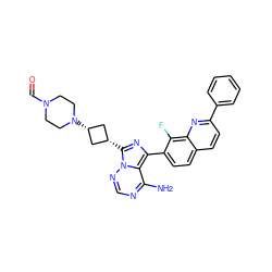 Nc1ncnn2c1c(-c1ccc3ccc(-c4ccccc4)nc3c1F)nc2[C@H]1C[C@@H](N2CCN(C=O)CC2)C1 ZINC000254016075