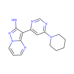 Nc1nn2cccnc2c1-c1cc(N2CCCCC2)ncn1 ZINC000045258286