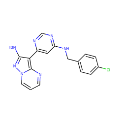 Nc1nn2cccnc2c1-c1cc(NCc2ccc(Cl)cc2)ncn1 ZINC000045255440