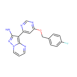 Nc1nn2cccnc2c1-c1cc(OCc2ccc(F)cc2)ncn1 ZINC000045261273