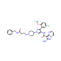 Nc1nn2cccnc2c1C(=O)Nc1cn(C2CCN(CCCC(=O)NCc3ccccc3)CC2)nc1-c1cc(Cl)ccc1OC(F)F ZINC001772587739