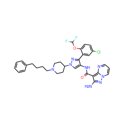 Nc1nn2cccnc2c1C(=O)Nc1cn(C2CCN(CCCCc3ccccc3)CC2)nc1-c1cc(Cl)ccc1OC(F)F ZINC001772609126