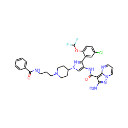 Nc1nn2cccnc2c1C(=O)Nc1cn(C2CCN(CCCNC(=O)c3ccccc3)CC2)nc1-c1cc(Cl)ccc1OC(F)F ZINC001772577478