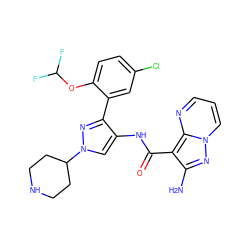 Nc1nn2cccnc2c1C(=O)Nc1cn(C2CCNCC2)nc1-c1cc(Cl)ccc1OC(F)F ZINC001772608425