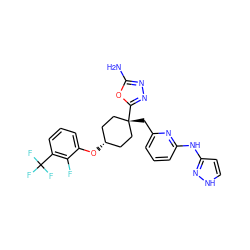 Nc1nnc([C@]2(Cc3cccc(Nc4cc[nH]n4)n3)CC[C@H](Oc3cccc(C(F)(F)F)c3F)CC2)o1 ZINC000116365489