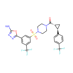 Nc1nnc(-c2cc(C(F)(F)F)cc(S(=O)(=O)N3CCN(C(=O)[C@@H]4C[C@H]4c4ccc(C(F)(F)F)cc4)CC3)c2)o1 ZINC000049877576