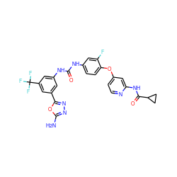 Nc1nnc(-c2cc(NC(=O)Nc3ccc(Oc4ccnc(NC(=O)C5CC5)c4)c(F)c3)cc(C(F)(F)F)c2)o1 ZINC001772611306