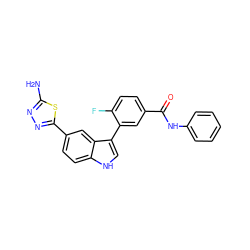 Nc1nnc(-c2ccc3[nH]cc(-c4cc(C(=O)Nc5ccccc5)ccc4F)c3c2)s1 ZINC000145417747