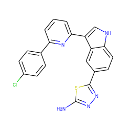 Nc1nnc(-c2ccc3[nH]cc(-c4cccc(-c5ccc(Cl)cc5)n4)c3c2)s1 ZINC000204768041