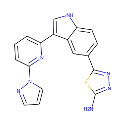 Nc1nnc(-c2ccc3[nH]cc(-c4cccc(-n5cccn5)n4)c3c2)s1 ZINC000145414014