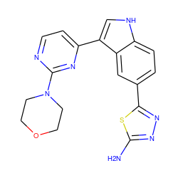 Nc1nnc(-c2ccc3[nH]cc(-c4ccnc(N5CCOCC5)n4)c3c2)s1 ZINC000145397620