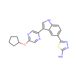 Nc1nnc(-c2ccc3[nH]cc(-c4cnc(OC5CCCC5)cn4)c3c2)s1 ZINC000204776734