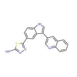 Nc1nnc(-c2ccc3[nH]cc(-c4cnc5ccccc5c4)c3c2)s1 ZINC000204759941