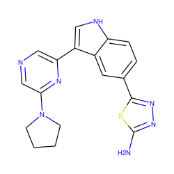 Nc1nnc(-c2ccc3[nH]cc(-c4cncc(N5CCCC5)n4)c3c2)s1 ZINC000221739386