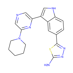 Nc1nnc(-c2ccc3[nH]cc(-c4cncc(N5CCCCC5)n4)c3c2)s1 ZINC000204764098