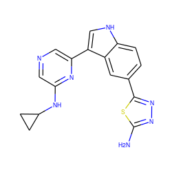 Nc1nnc(-c2ccc3[nH]cc(-c4cncc(NC5CC5)n4)c3c2)s1 ZINC000204756828