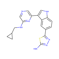 Nc1nnc(-c2ccc3[nH]cc(-c4cncc(NCC5CC5)n4)c3c2)s1 ZINC000204779242