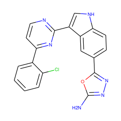 Nc1nnc(-c2ccc3[nH]cc(-c4nccc(-c5ccccc5Cl)n4)c3c2)o1 ZINC000145393096