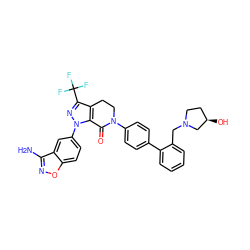 Nc1noc2ccc(-n3nc(C(F)(F)F)c4c3C(=O)N(c3ccc(-c5ccccc5CN5CC[C@@H](O)C5)cc3)CC4)cc12 ZINC000014210470