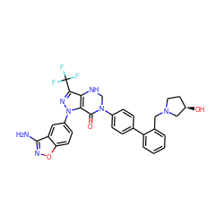 Nc1noc2ccc(-n3nc(C(F)(F)F)c4c3C(=O)N(c3ccc(-c5ccccc5CN5CC[C@@H](O)C5)cc3)CN4)cc12 ZINC000014951288