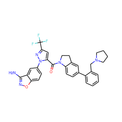 Nc1noc2ccc(-n3nc(C(F)(F)F)cc3C(=O)N3CCc4cc(-c5ccccc5CN5CCCC5)ccc43)cc12 ZINC000028959515