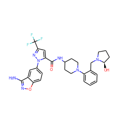 Nc1noc2ccc(-n3nc(C(F)(F)F)cc3C(=O)NC3CCN(c4ccccc4CN4CCC[C@H]4O)CC3)cc12 ZINC000014969560