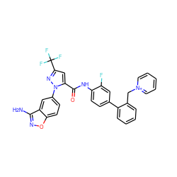 Nc1noc2ccc(-n3nc(C(F)(F)F)cc3C(=O)Nc3ccc(-c4ccccc4C[n+]4ccccc4)cc3F)cc12 ZINC000014951208