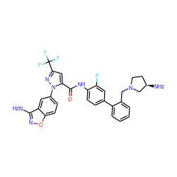 Nc1noc2ccc(-n3nc(C(F)(F)F)cc3C(=O)Nc3ccc(-c4ccccc4CN4CC[C@@H](N)C4)cc3F)cc12 ZINC000023358206