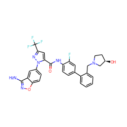 Nc1noc2ccc(-n3nc(C(F)(F)F)cc3C(=O)Nc3ccc(-c4ccccc4CN4CC[C@@H](O)C4)cc3F)cc12 ZINC000014951156