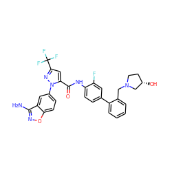 Nc1noc2ccc(-n3nc(C(F)(F)F)cc3C(=O)Nc3ccc(-c4ccccc4CN4CC[C@H](O)C4)cc3F)cc12 ZINC000014951164