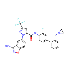 Nc1noc2ccc(-n3nc(C(F)(F)F)cc3C(=O)Nc3ccc(-c4ccccc4CN4CC4)cc3F)cc12 ZINC000014951136