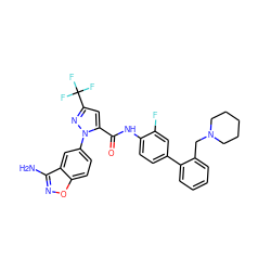 Nc1noc2ccc(-n3nc(C(F)(F)F)cc3C(=O)Nc3ccc(-c4ccccc4CN4CCCCC4)cc3F)cc12 ZINC000014951182