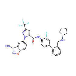 Nc1noc2ccc(-n3nc(C(F)(F)F)cc3C(=O)Nc3ccc(-c4ccccc4CNC4CCCC4)cc3F)cc12 ZINC000014951129