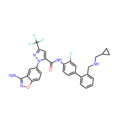 Nc1noc2ccc(-n3nc(C(F)(F)F)cc3C(=O)Nc3ccc(-c4ccccc4CNCC4CC4)cc3F)cc12 ZINC000014951113